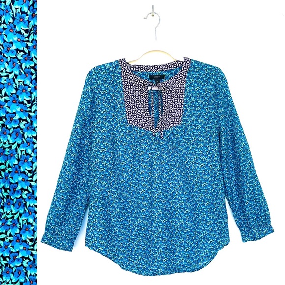 J. Crew Silk Blend Floral Blouse Peasant Flower-Patch Tie Neck Long Sleeve Blue - Picture 1 of 16